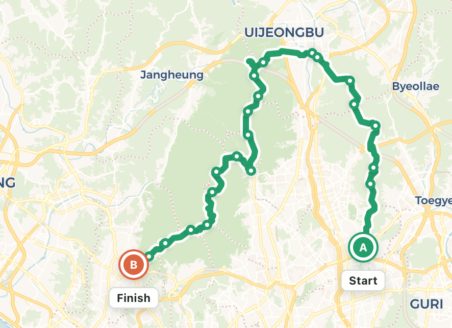 GPX Hub editor showing route points, a start marker, and a finish marker on a map